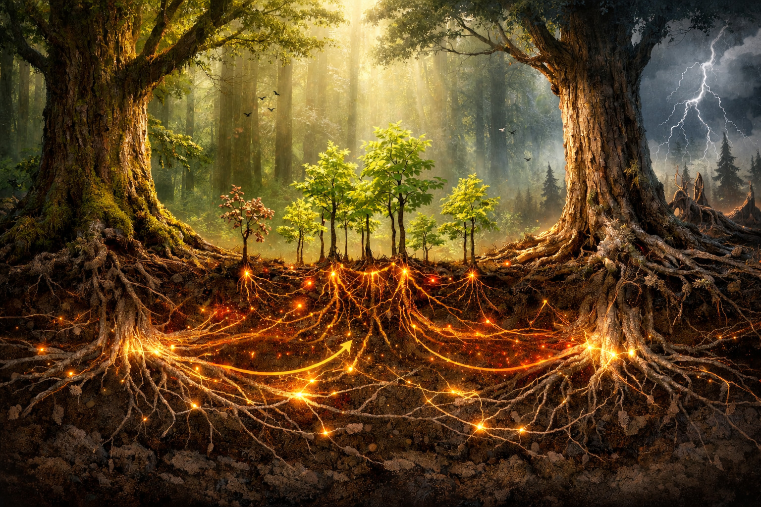 Les mother trees nourrissent les jeunes pousses via un réseau mycorhizien souterrain.