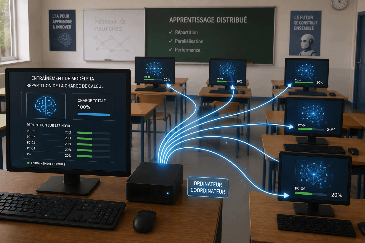 Illustration du concept : un poste coordinateur répartit une charge d'entraînement sur plusieurs machines de la salle.